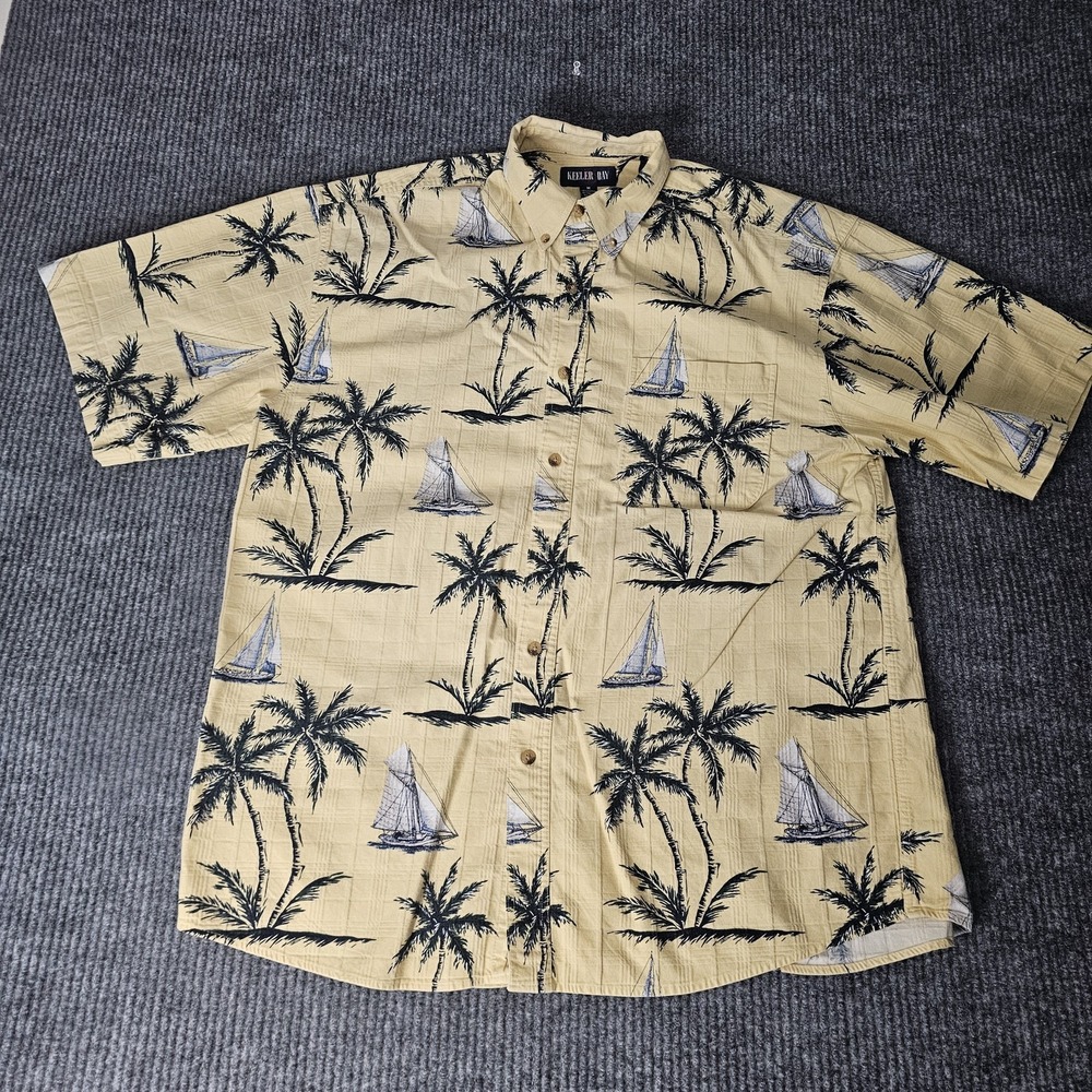 Keeler Bay Shirt‎ Mens Medium Yellow Hawaiian Palm Tree Sailboat Button Front